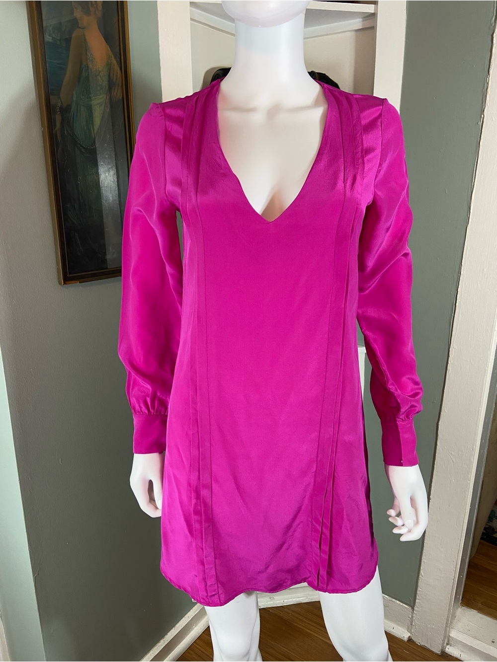 Rory Beca Silk Fuchsia Hot Pink V-Neck Long Sleeve Mini Tunic Dress XSmall [CH]